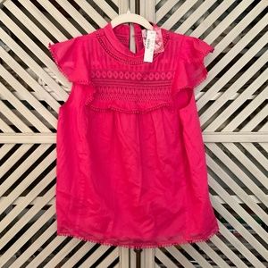 J Crew hot pink light flutter sleeve top with embroidered details, Small